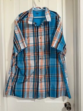 Men’s plus size 3XL, 3XLT Short-Sleeve Blue Plaid Button-Up Shirt top king size